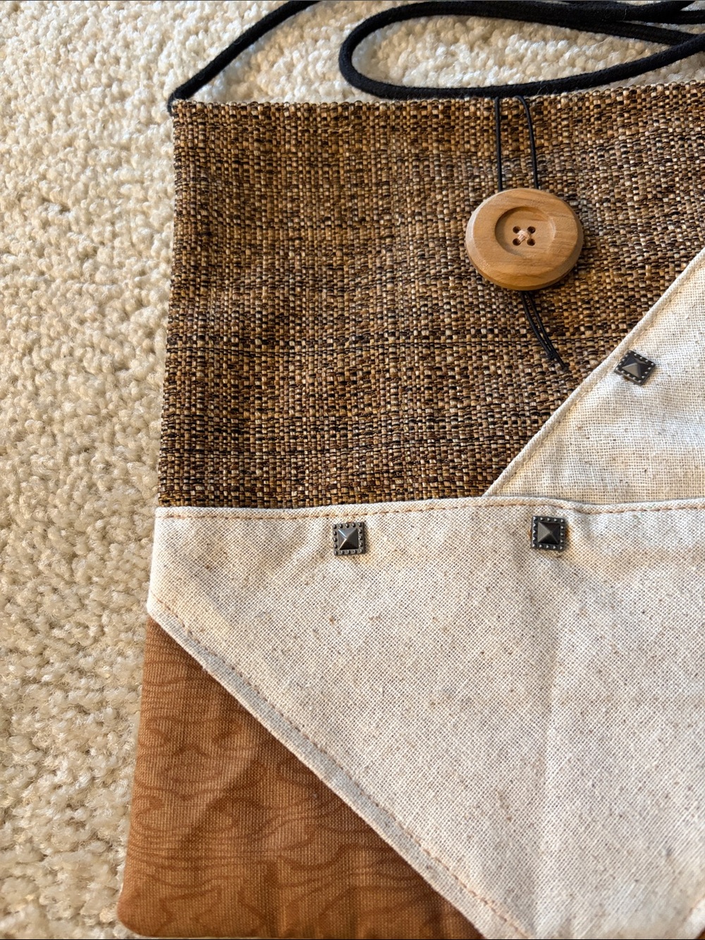Handmade Boho Patchwork Crossbody Bag in Brown and Cream Tones with Studs - New - Picture 2 of 15